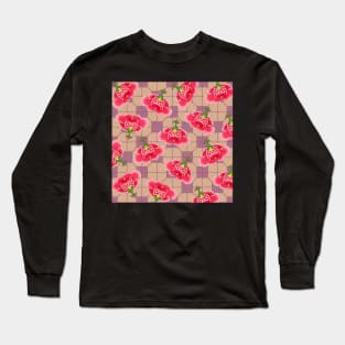 Chinese Vintage Pink and Red Flowers with Dusty Pink Tile - Hong Kong Traditional Floral Pattern Long Sleeve T-Shirt